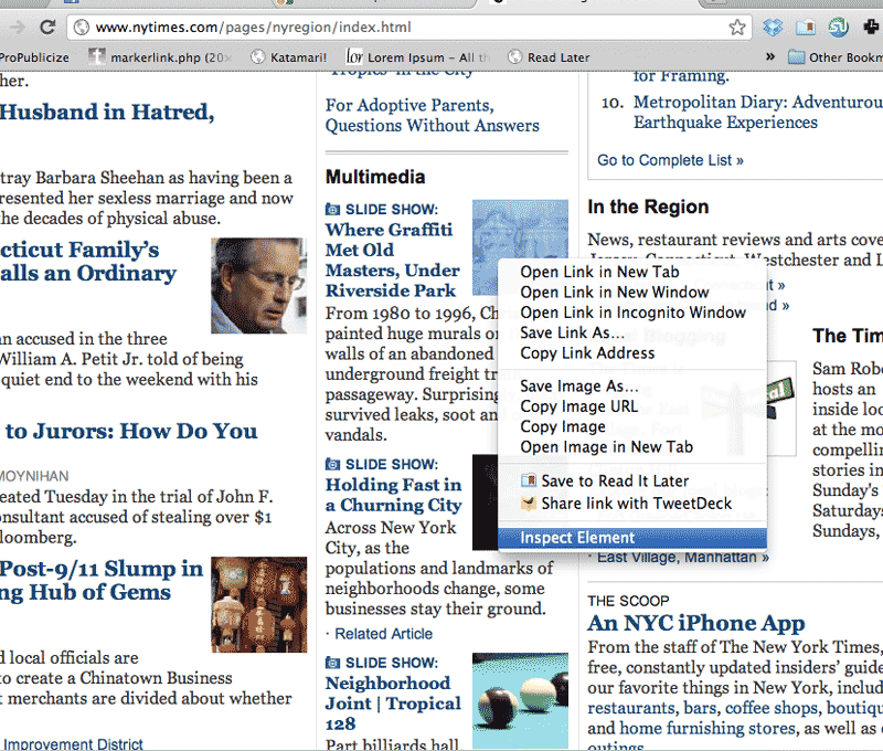 NYTimes.com with web inspector pop-up menu.
