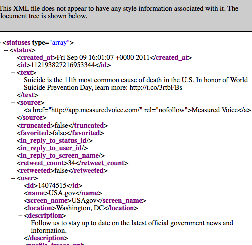 Open the XML up in your browser. You might find it easier to copy and paste it into your text-editor and save it as XML to get a color-coded view of it: