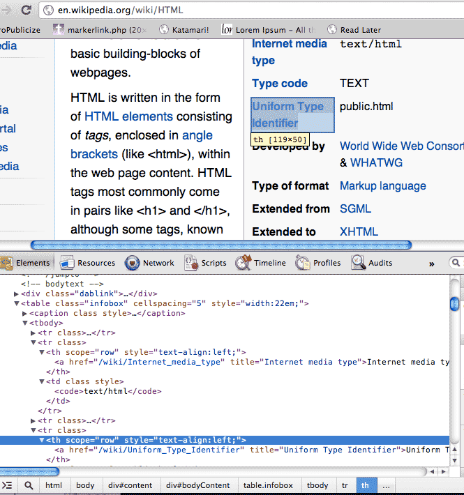 HTML Wikipedia element inspected