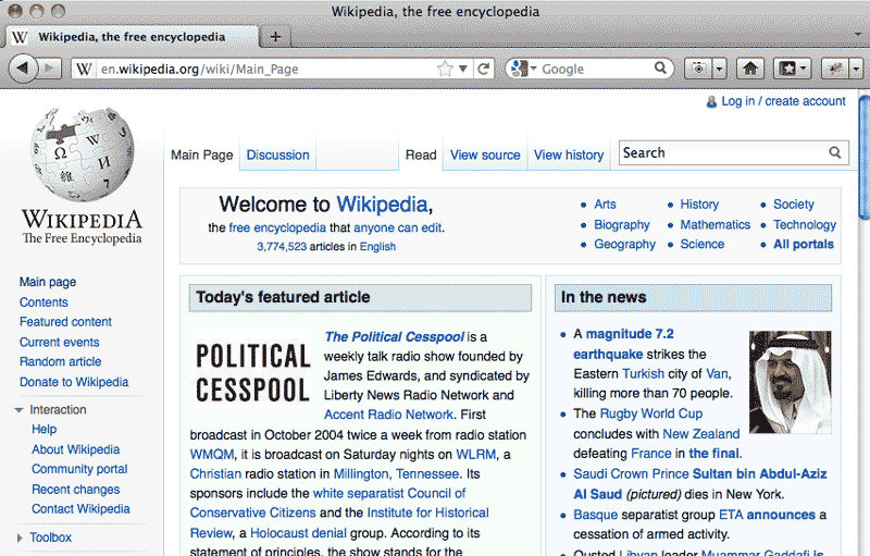 Wikipedia frontpage